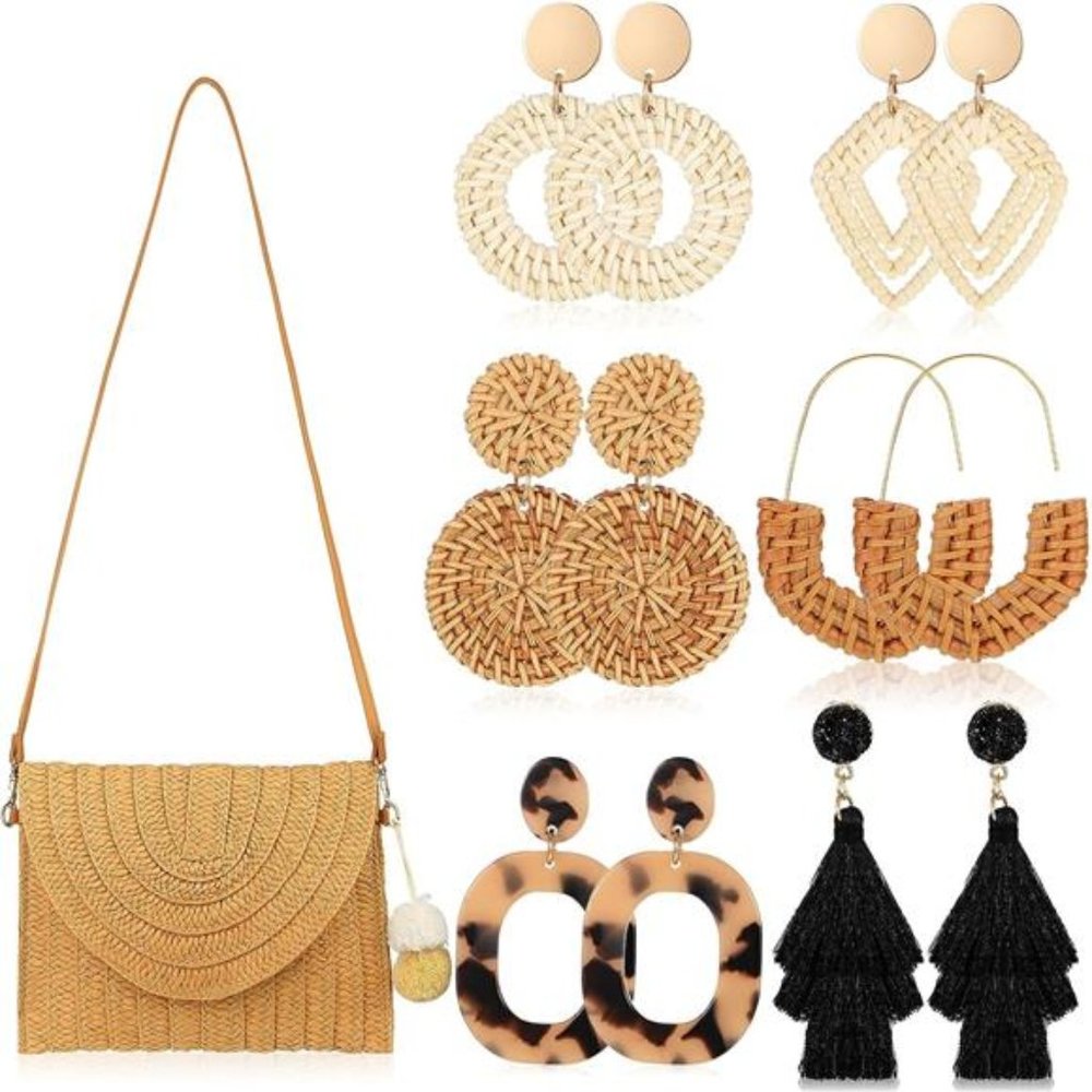 Women Boho Style Crossbody Handbag  + Matching 6 Pairs Earrings